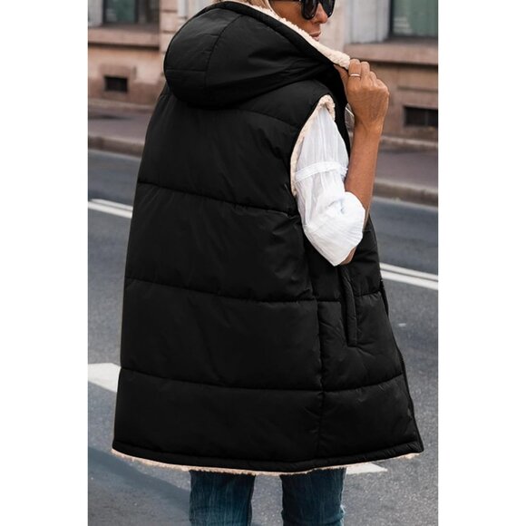 Women's Reversible Fleece Vest Sleeveless Hoodie Pockets Fall Winter Coat - Picture 2 of 6